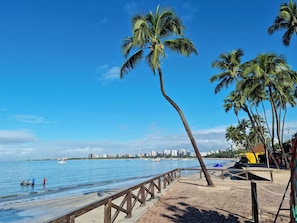 A beach with a wooden walkway, palm trees, and a city skyline in the background.