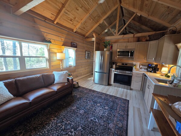 A cozy cabin interior with a wooden ceiling, a brown leather sofa, a patterned rug, a kitchen with modern appliances, and a window with a view of trees.