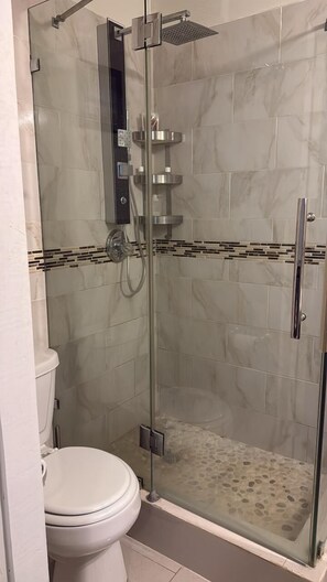 Douche, sèche-cheveux, serviettes fournies, savon
