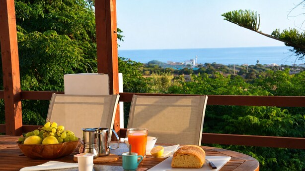Una mesa de madera con un desayuno, que incluye un bol de fruta, una jarra, un vaso de zumo de naranja, un muffin y una taza.