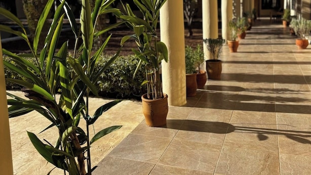 Un couloir couvert agrémenté de plantes en pot, de colonnes et de lanternes suspendues.