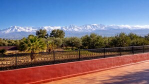 Une allée bordée de tuiles rouges, avec une clôture en métal, des palmiers et une chaîne de montagnes en arrière-plan.