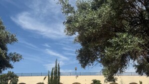 Une cour avec un chemin pavé, des arcades et un bâtiment doté d’un toit en tuiles.