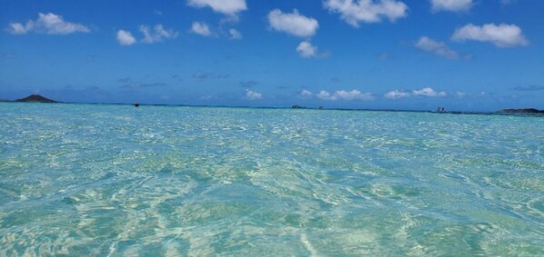 A clear view of turquoise ocean water with a distant island and a clear sky.