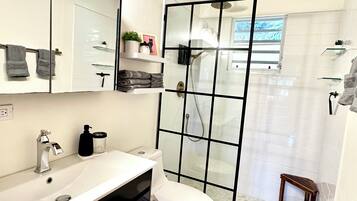 Shower, bidet, towels, soap