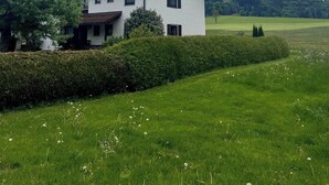 Une maison à deux étages, dotée d’un toit en pente, entourée d’une pelouse bien entretenue et d’une haie.