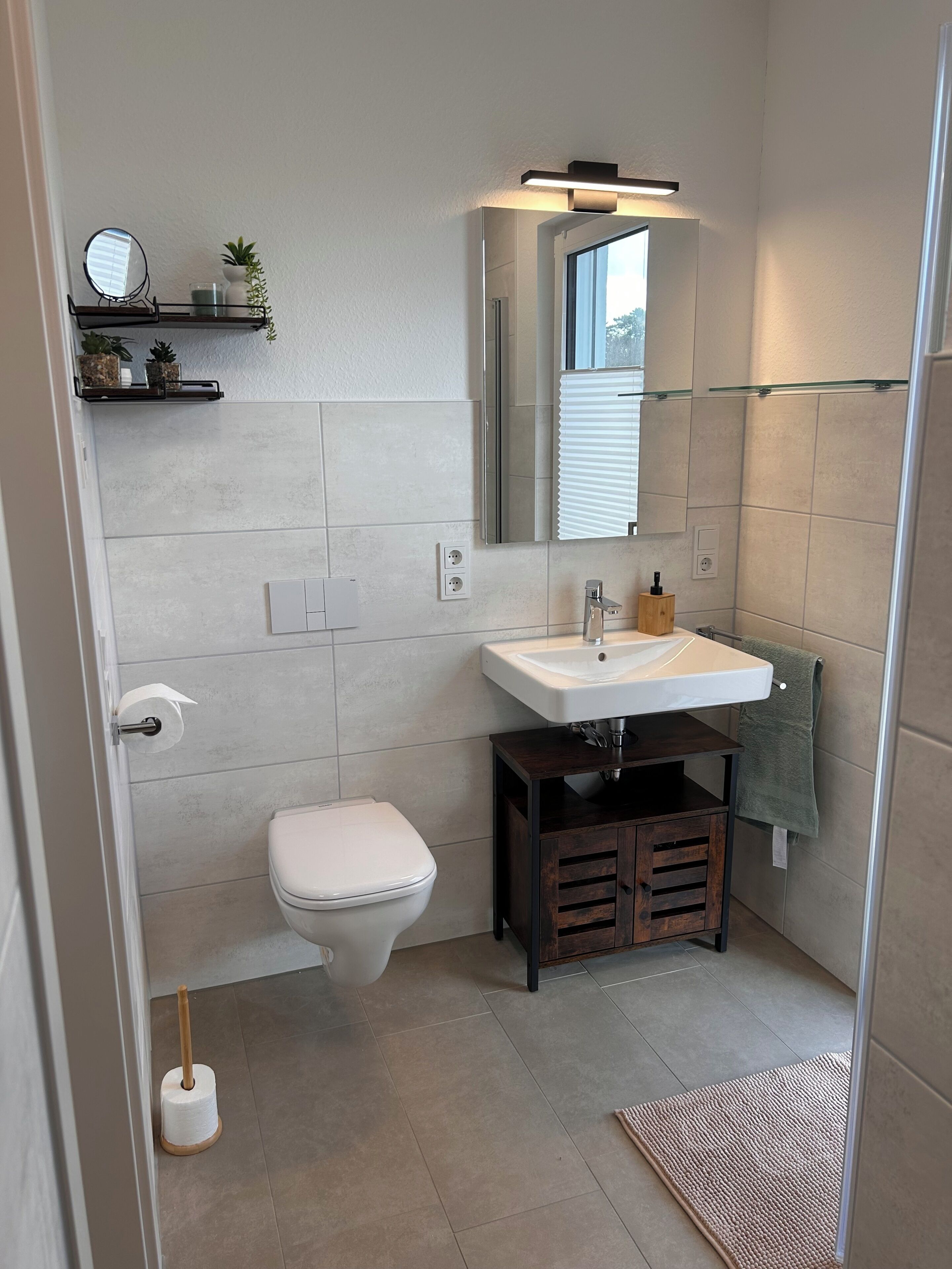 A bathroom with a toilet, sink, mirror, and a small shelf with plants.