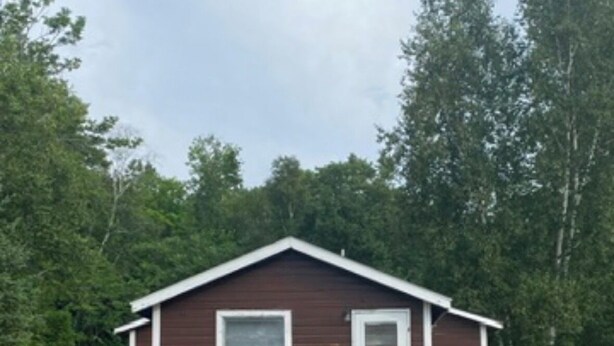En liten, envåningsstuga med en vit dörr och vita fönster, omgiven av grönska.