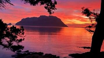 Un coucher de soleil paisible sur une étendue d’eau, avec la silhouette d’une île lointaine à l’horizon.
