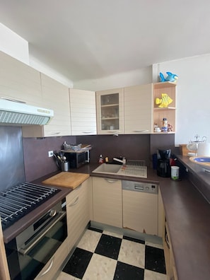 Une cuisine de taille réduite, équipée d’une cuisinière à gaz, d’un four, d’un lave-vaisselle et dotée d’un carrelage à motifs carrés.