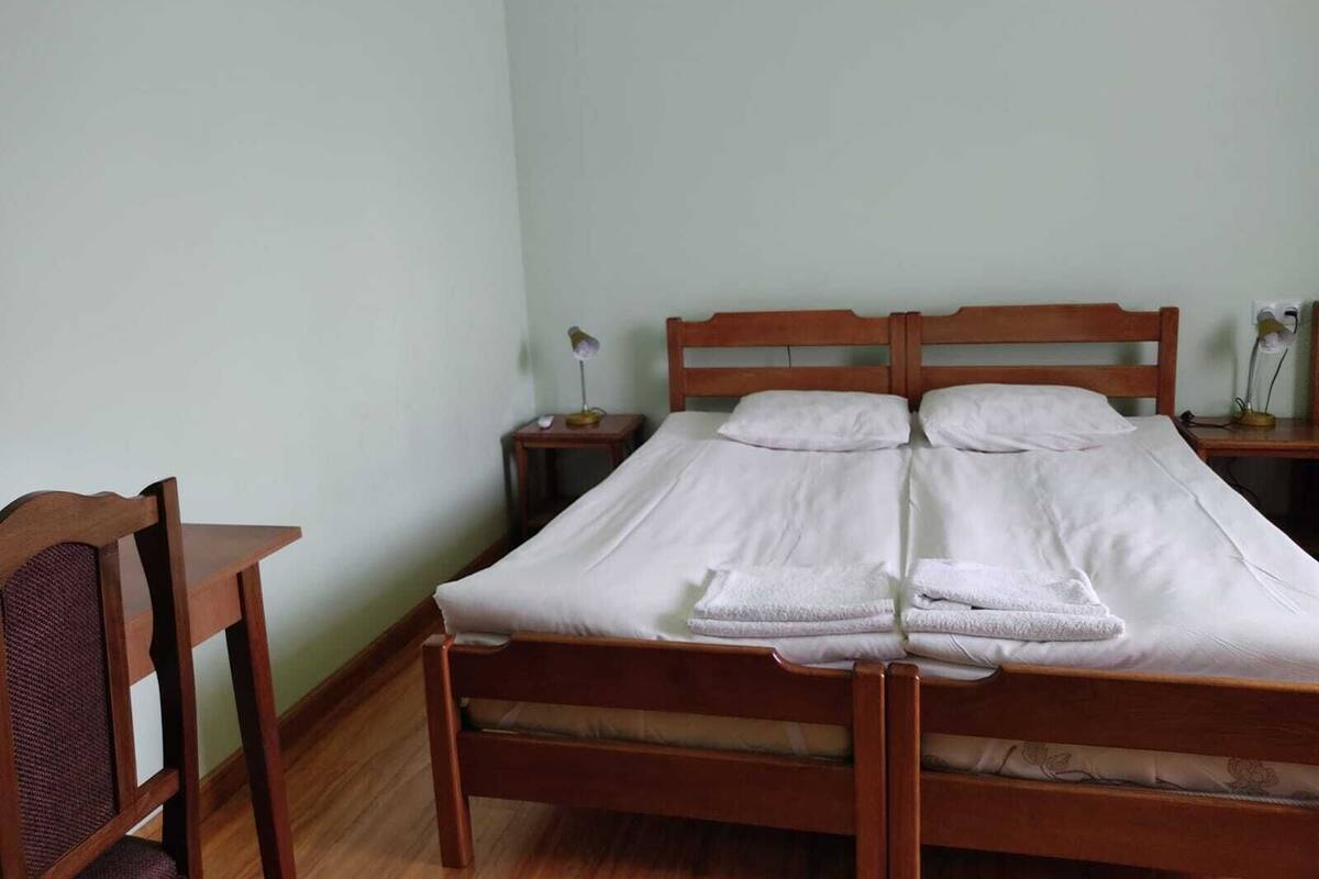 A single bed with a wooden frame, two bedside tables, a nightstand, and a chair.