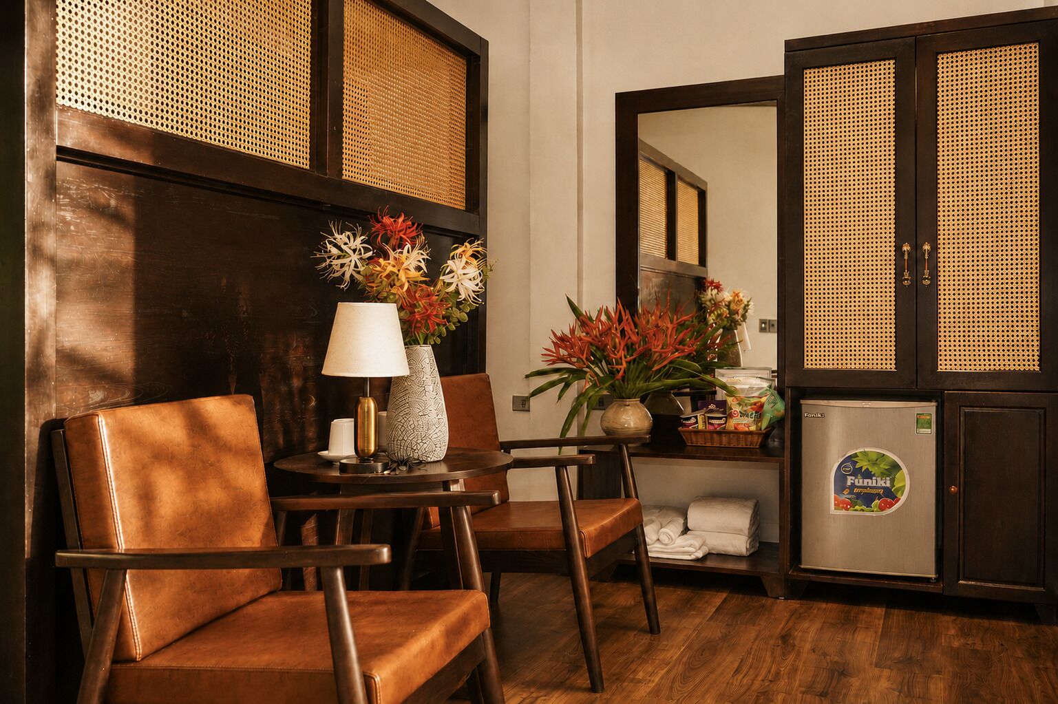 A hotel room with a wooden floor, a brown leather chair, a table with a lamp and flowers, a refrigerator, and a mirror with a woven door.