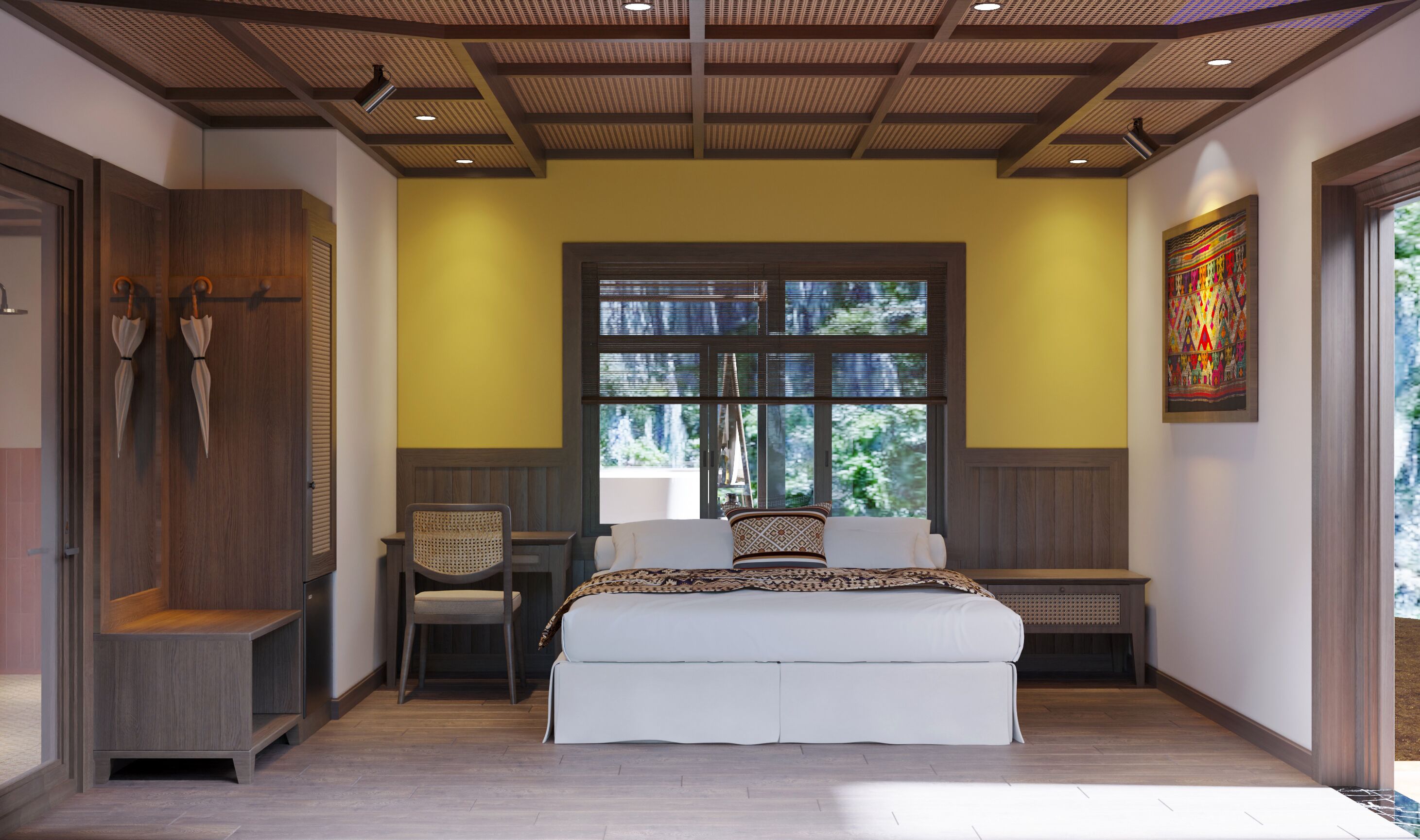 A bedroom with a large bed, a chair, a bench, a window with blinds, and a ceiling with recessed lighting.