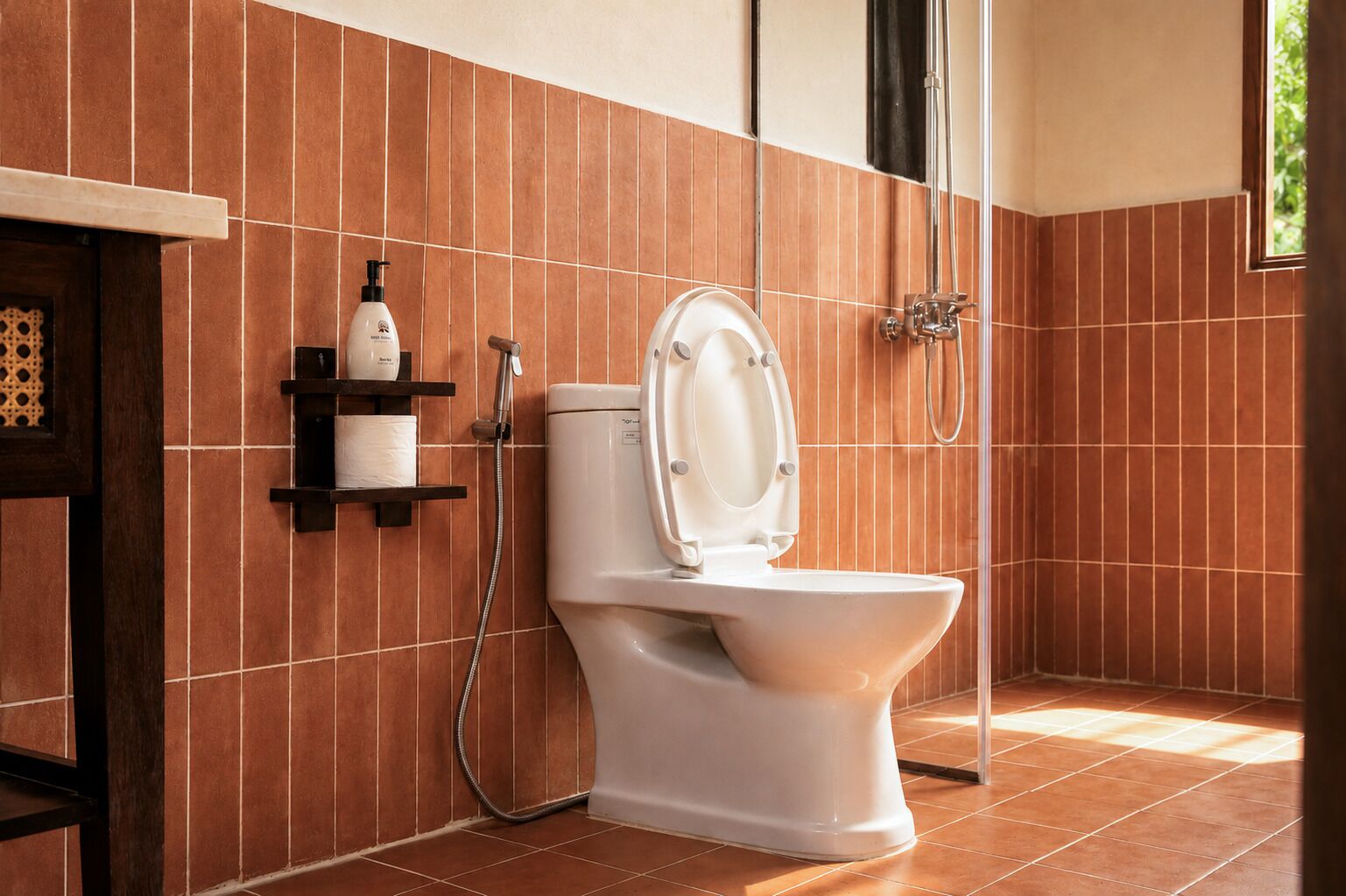 A bathroom with a white toilet, a shower, and a shelf with toiletries.