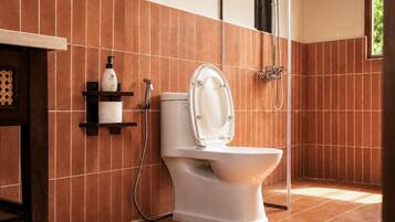 Een badkamer met een wit toilet, een douche en een plank met toiletartikelen.