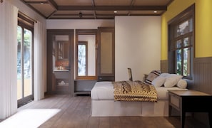 A bedroom with a bed, bedside table, and a window with blinds. - Moc An Village Tam Coc (Hoa Lu)
