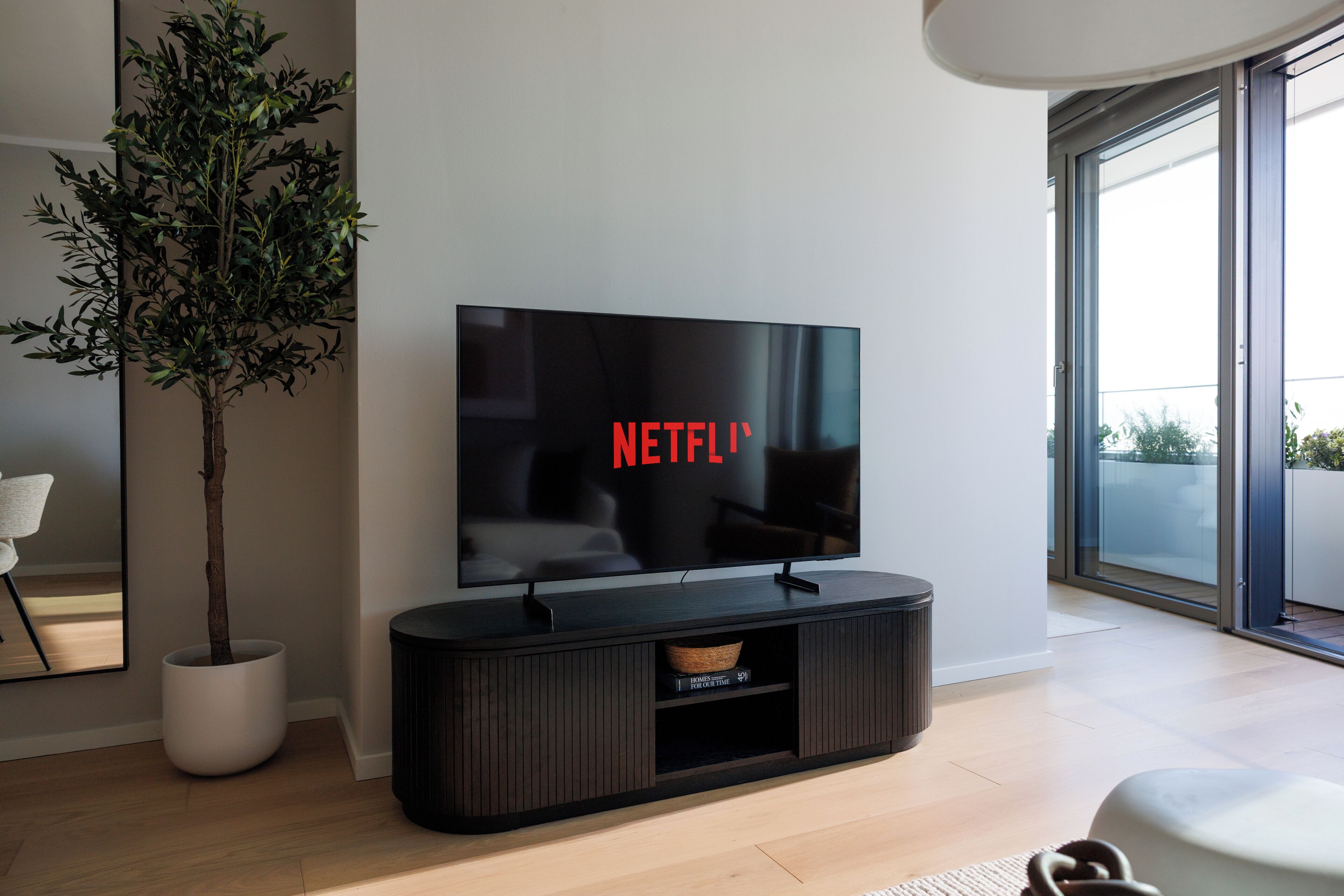 A modern living room with a flat-screen TV mounted on a dark wooden console, a potted plant, and a large window.