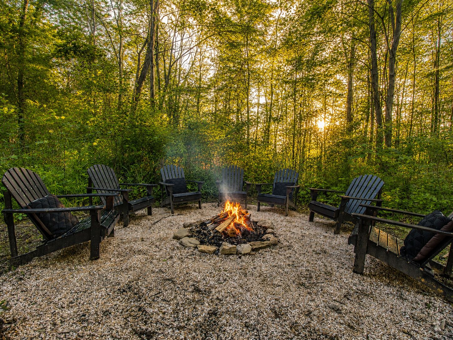 Une forêt avec un foyer entouré de fauteuils Adirondack.