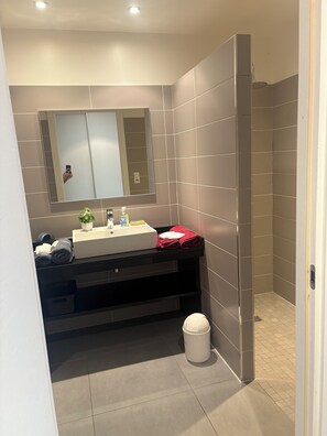 Uma casa de banho moderna com uma pia, espelho e chuveiro.