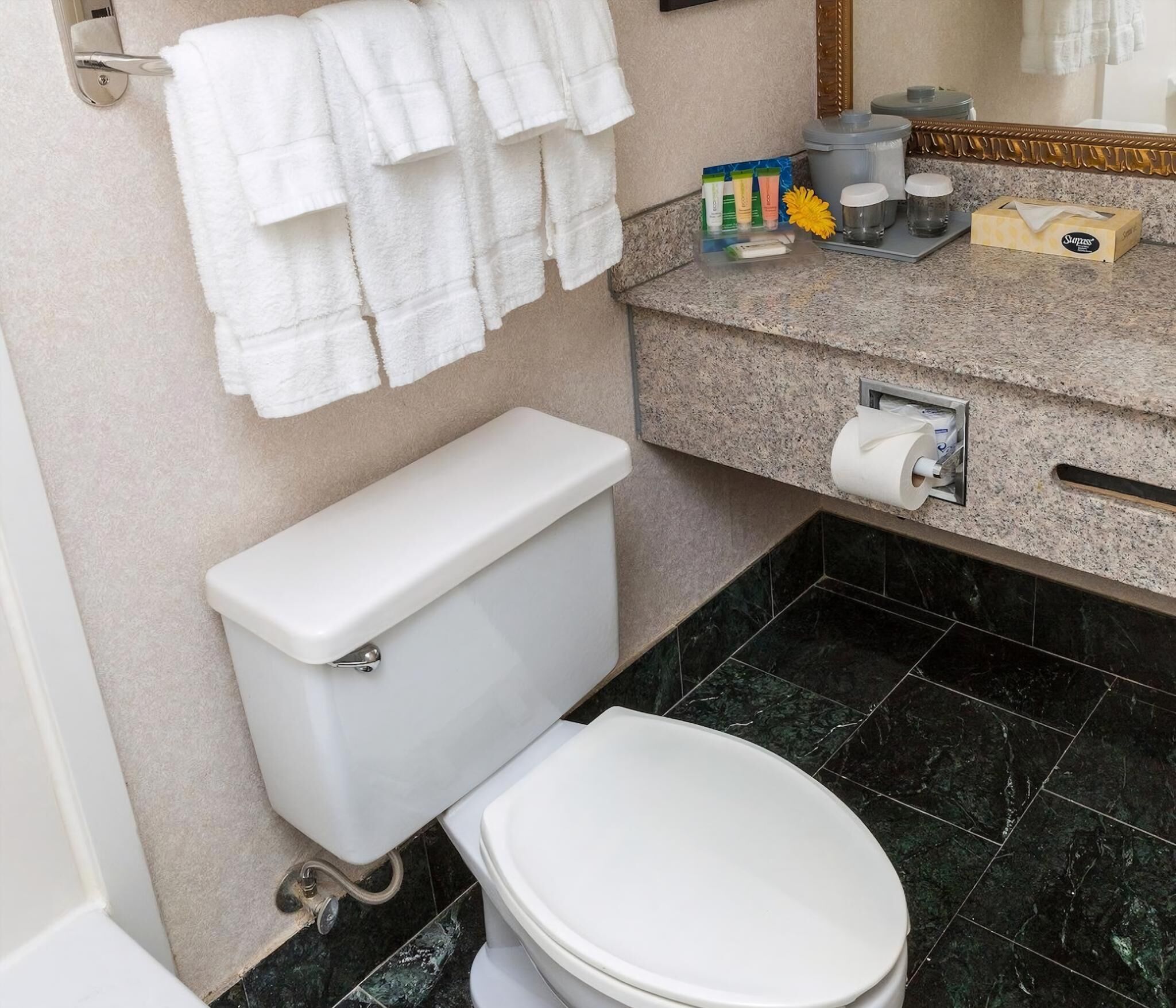 A bathroom with a toilet, a sink with toiletries, and a towel rack.