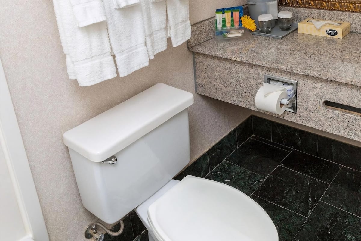 A bathroom with a toilet, a sink with toiletries, and a towel rack.