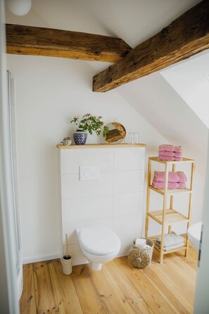 Secador de cabelo, toalhas de banho, sabonete, papel higiênico