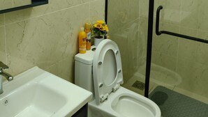Een badkamer met toilet, wastafel en douche.