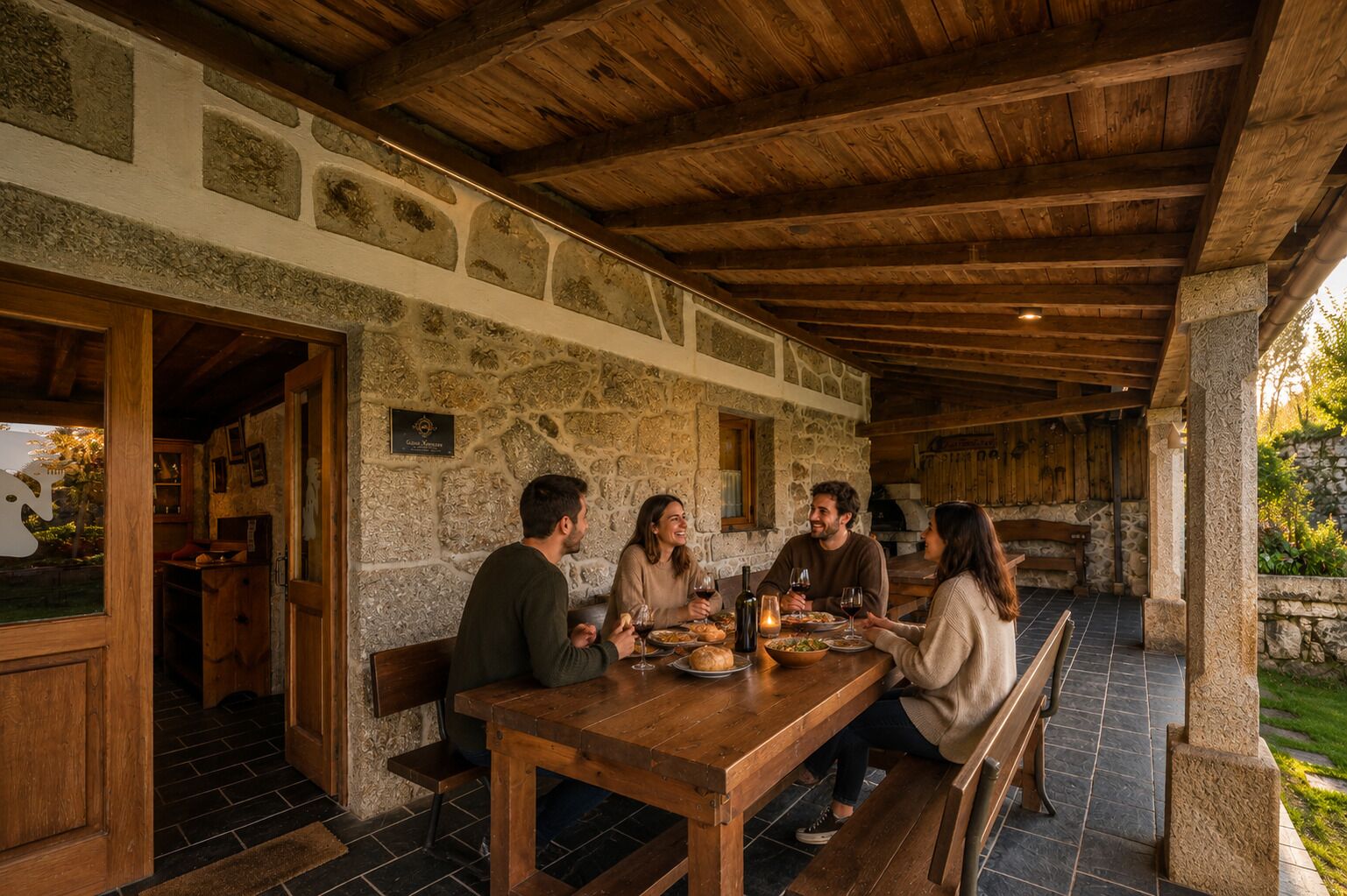 A stone-walled dining area with wooden beams, a stone bench, and a table set for a meal.