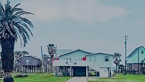 Um caminho leva a um edifício com garagem, cercado por grama e palmeiras.