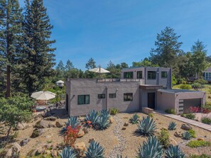 Una casa moderna con un patio, rodeada de plantas y árboles del desierto.