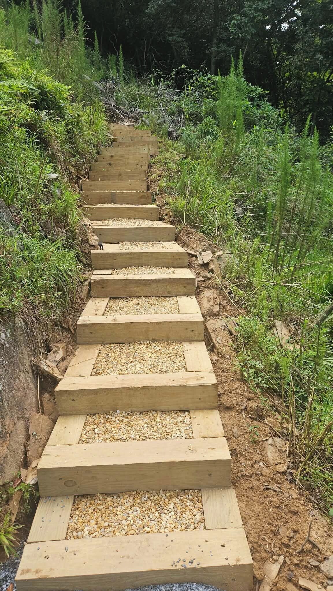 Un escalier en bois menant vers le haut d’une colline, entouré de verdure.