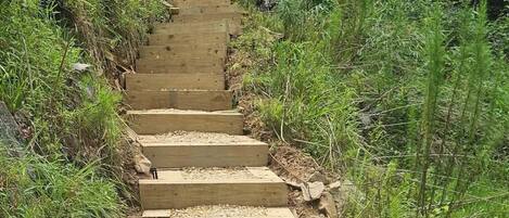 Un escalier en bois menant vers le haut d’une colline, entouré de verdure.