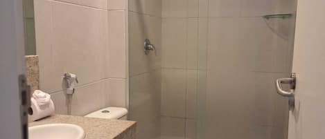 Shower, towels, soap, shampoo