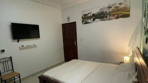 Ein Schlafzimmer mit einem Bett, einem Sessel, einem Fernseher, einer Tür und einem Bild an der Wand.