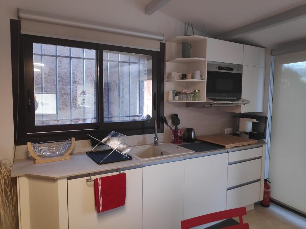 Une cuisine compacte avec une fenêtre, un évier, un four à micro-ondes et un petit plan de travail.