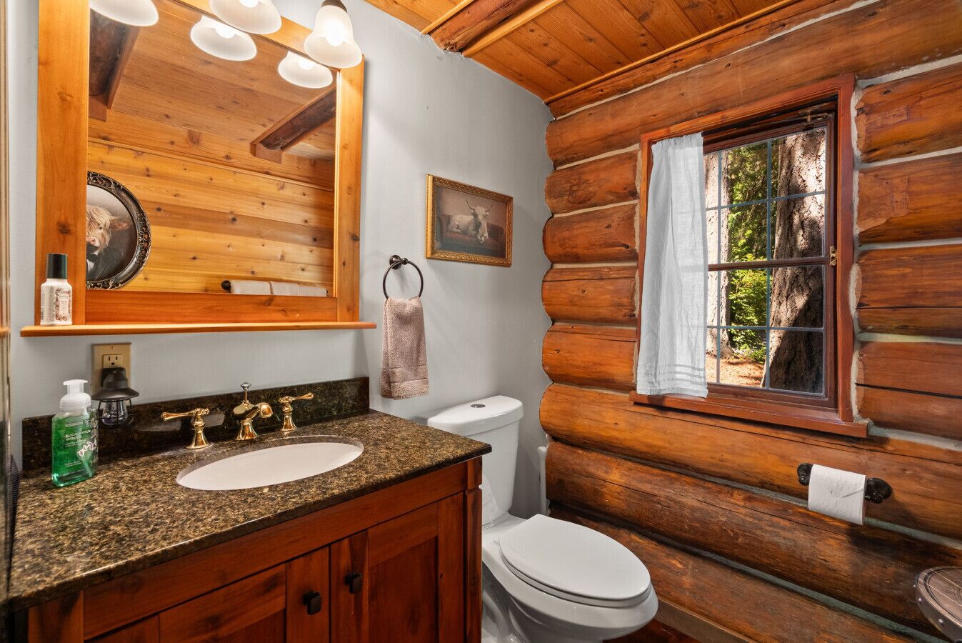 Une salle de bain rustique, aménagée dans une cabane en rondins, avec un lavabo surmonté d’un plan de travail en granit, des toilettes blanches et une fenêtre donnant sur la forêt.