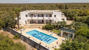 A large white building with a swimming pool, surrounded by greenery and trees. - Marubium - Scorcialupi (Maruggio)