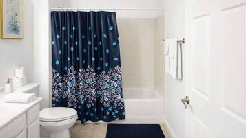 Shower, hair dryer, shampoo