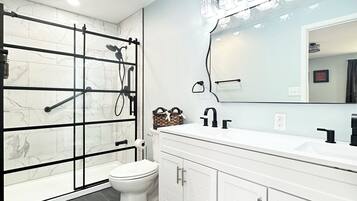 A modern bathroom with a walk-in shower, a toilet, a sink with a mirror, and cabinets.