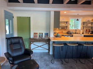 A modern kitchen with a bar area, a dining chair, and a green door.