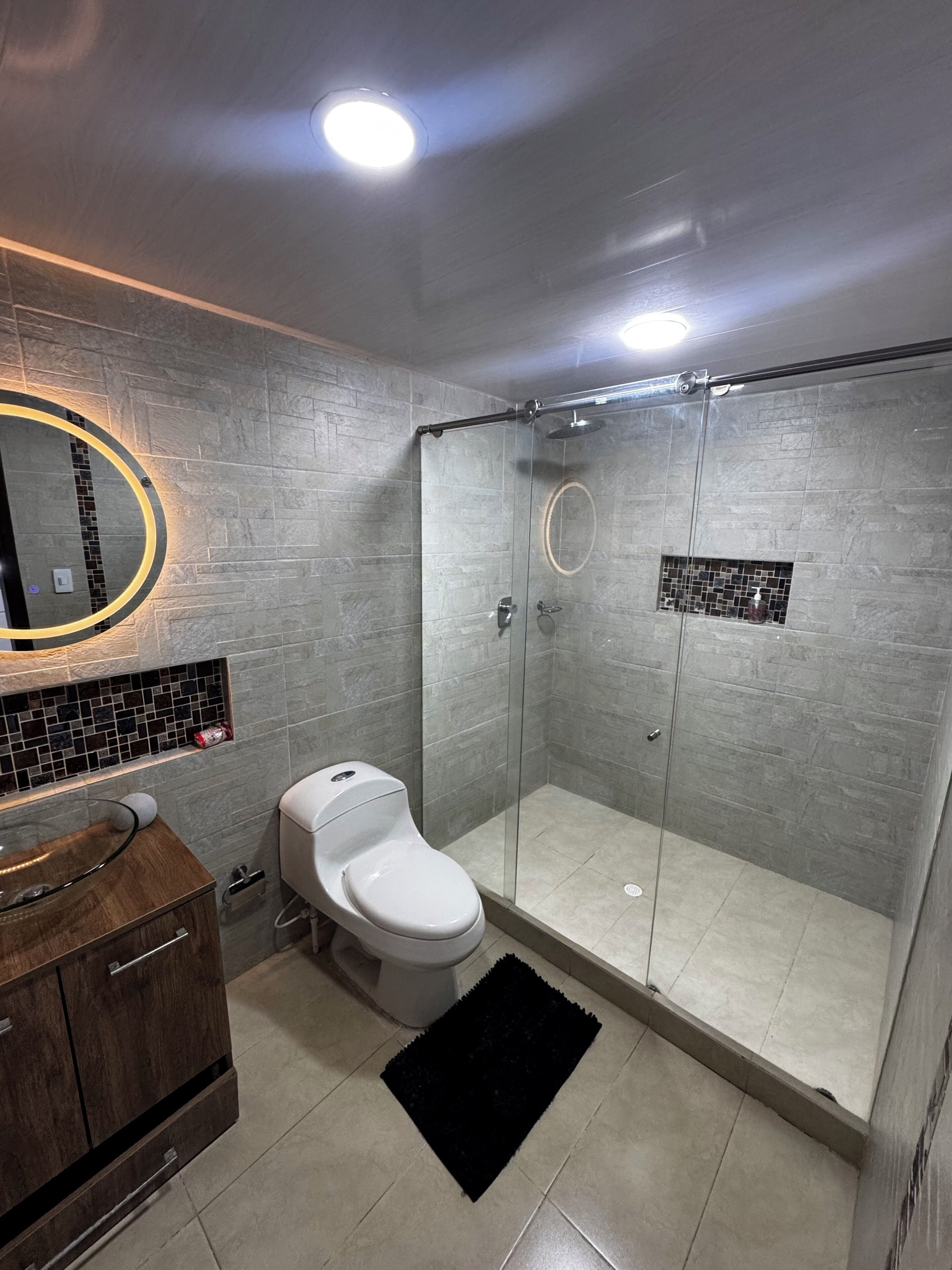 Et moderne badeværelse med en brusekabine i glas, toilet og et spejl med vask.