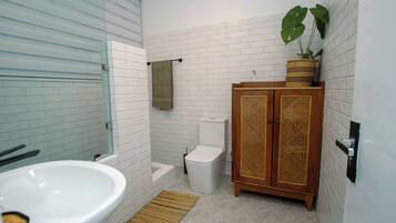 Shower, towels, soap, toilet paper