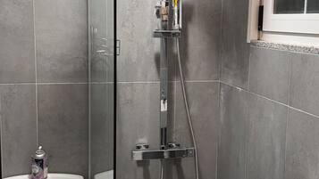 Hair dryer, bidet, towels, soap