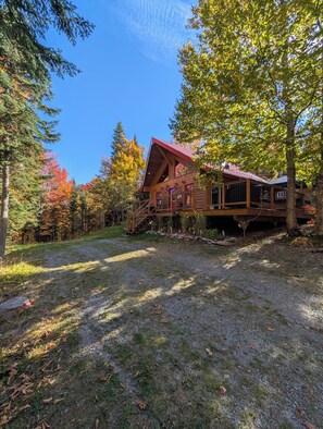 A cabin with a porch, surrounded by trees and a gravel path.