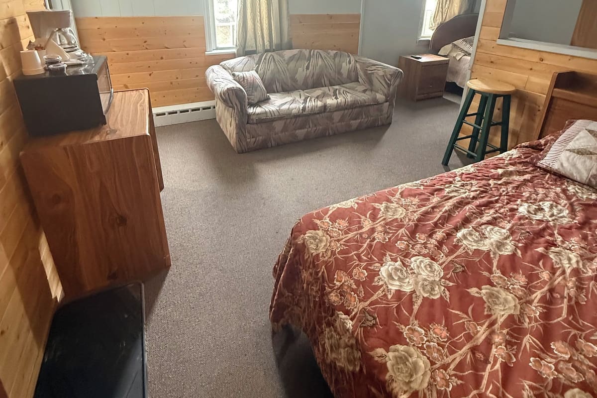 A room with a bed, a sofa, a desk, and a mirror.
