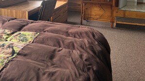 Een slaapkamer met een bed, een bureau, een stoel, een kledingkast en een televisie.