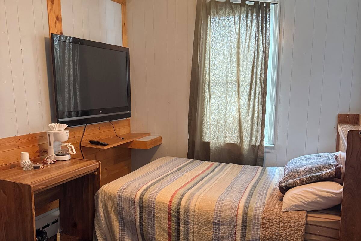 A bedroom with a bed, a desk, a television, a ceiling fan, and a window with curtains.