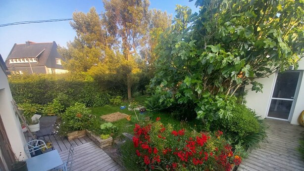 A wooden deck with a garden area, including a raised flower bed with red flowers and various plants. - Dependent room at the bottom of the garden (Perros-Guirec)