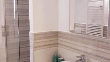 A modern bathroom with a glass shower enclosure, a white sink, and a mirror above it.