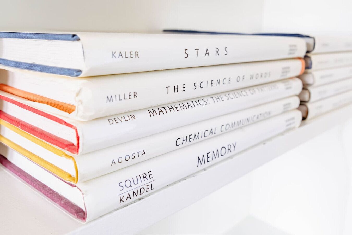 Una pila de libros con títulos como 'Estrellas', 'La ciencia de las palabras' y 'Matemáticas: La ciencia de las palabras'.